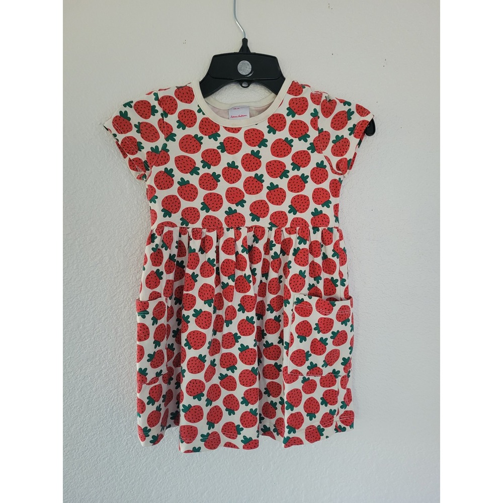 Hanna Andersson Girls Strawberry Print Dress 4 Cream Red Pockets Cotton #7
